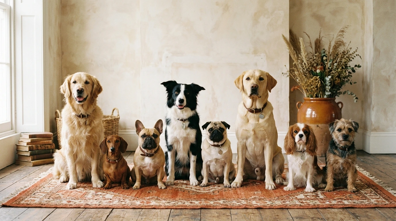 Cani di razze diverse seduti insieme