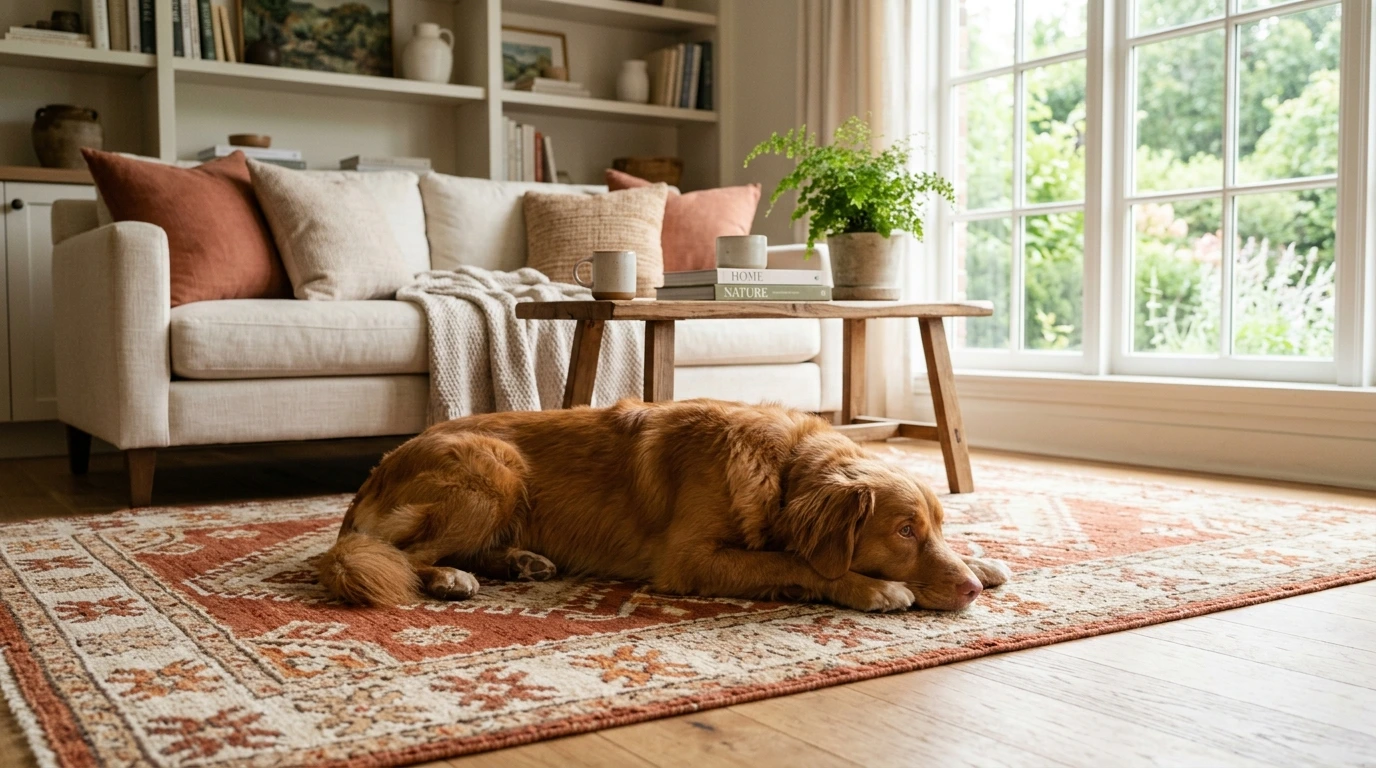 Un cane tranquillo in un salotto luminoso