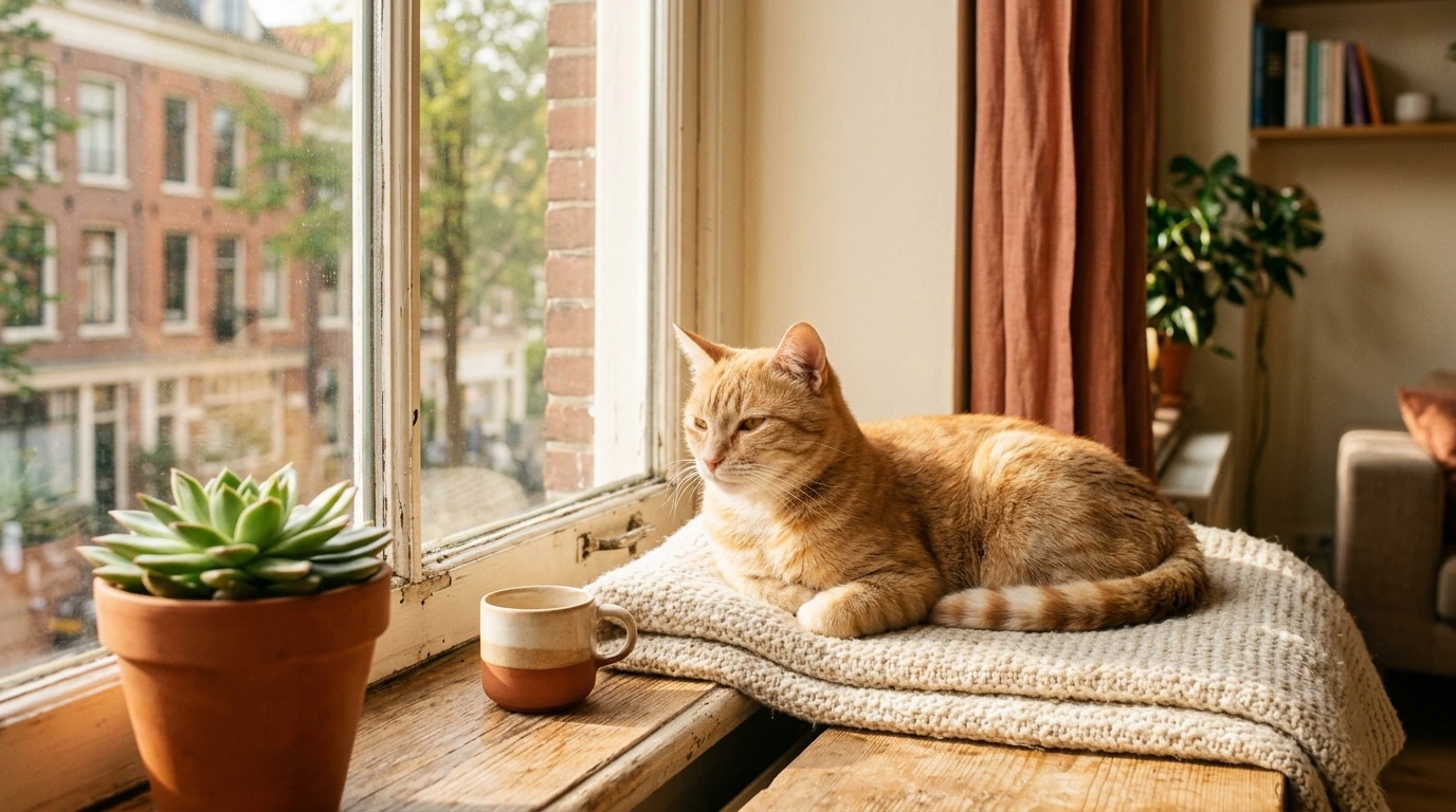 Un gatto sul davanzale di una finestra soleggiata