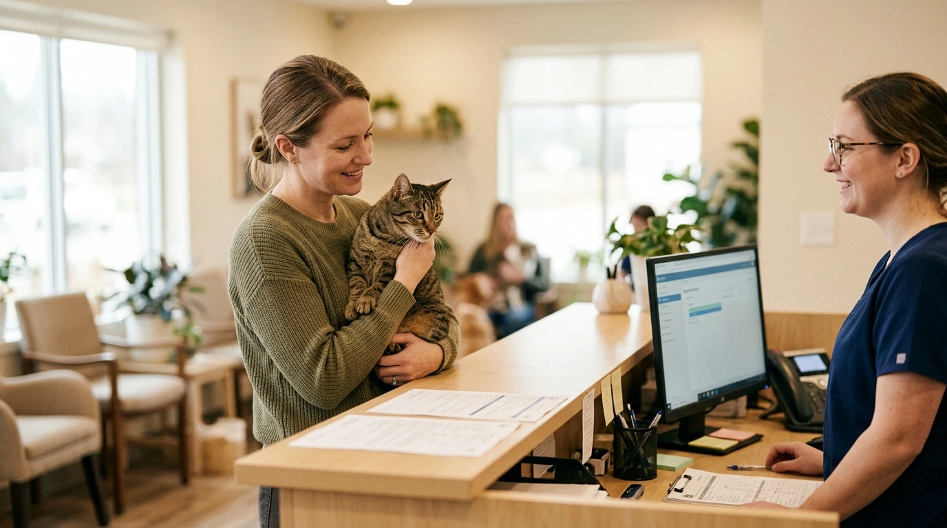 Un proprietario con il suo gatto dal veterinario