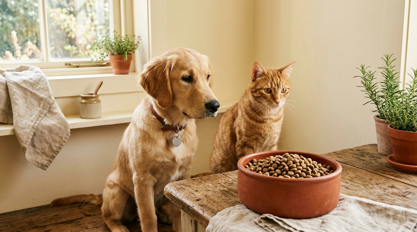 Una ciotola di crocchette accanto a un cane e un gatto
