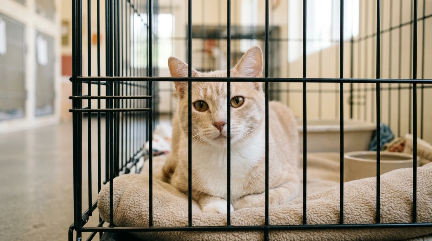Un gatto in attesa di adozione in un gattile