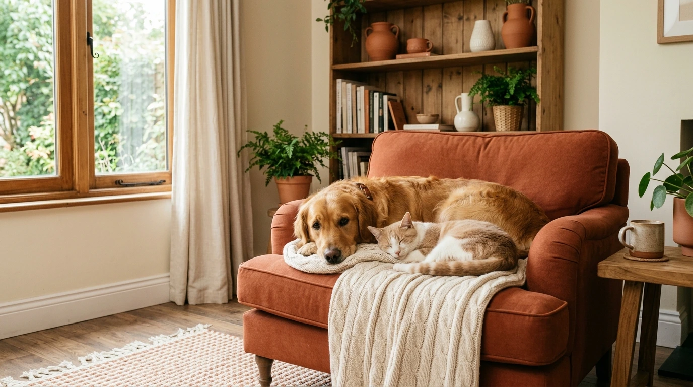 Un simpatico cane e gatto insieme in una casa accogliente