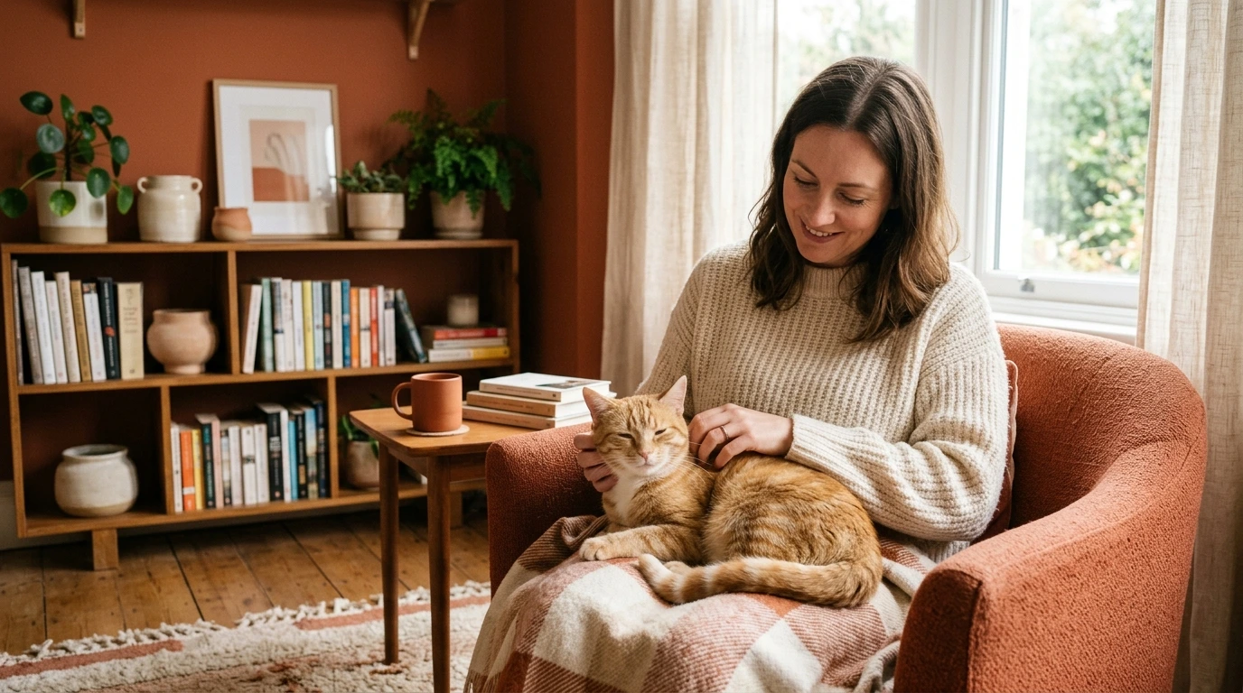 Donna che accarezza un gatto