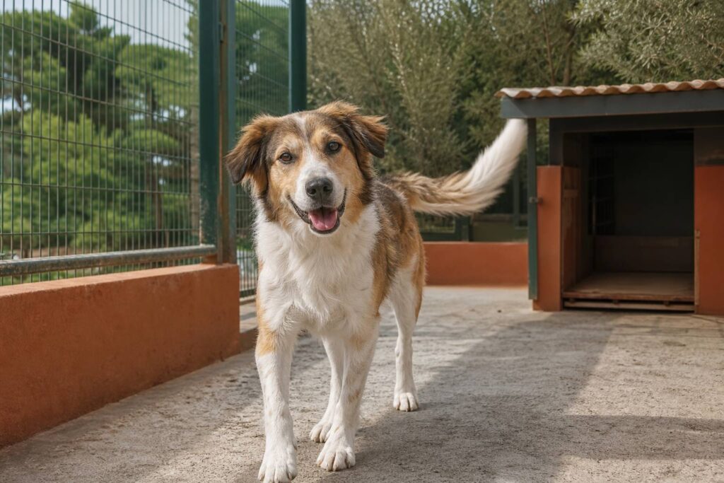 Chien heureux dans un enclos de canile attendant l'adoption