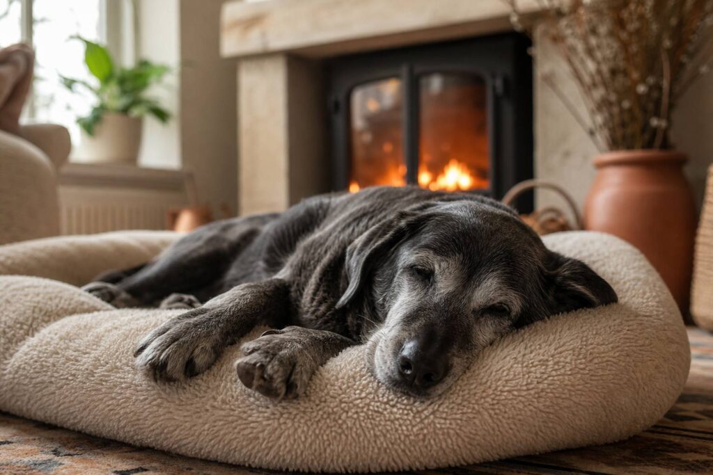 Chien âgé couché près d'une cheminée dans un intérieur chaleureux
