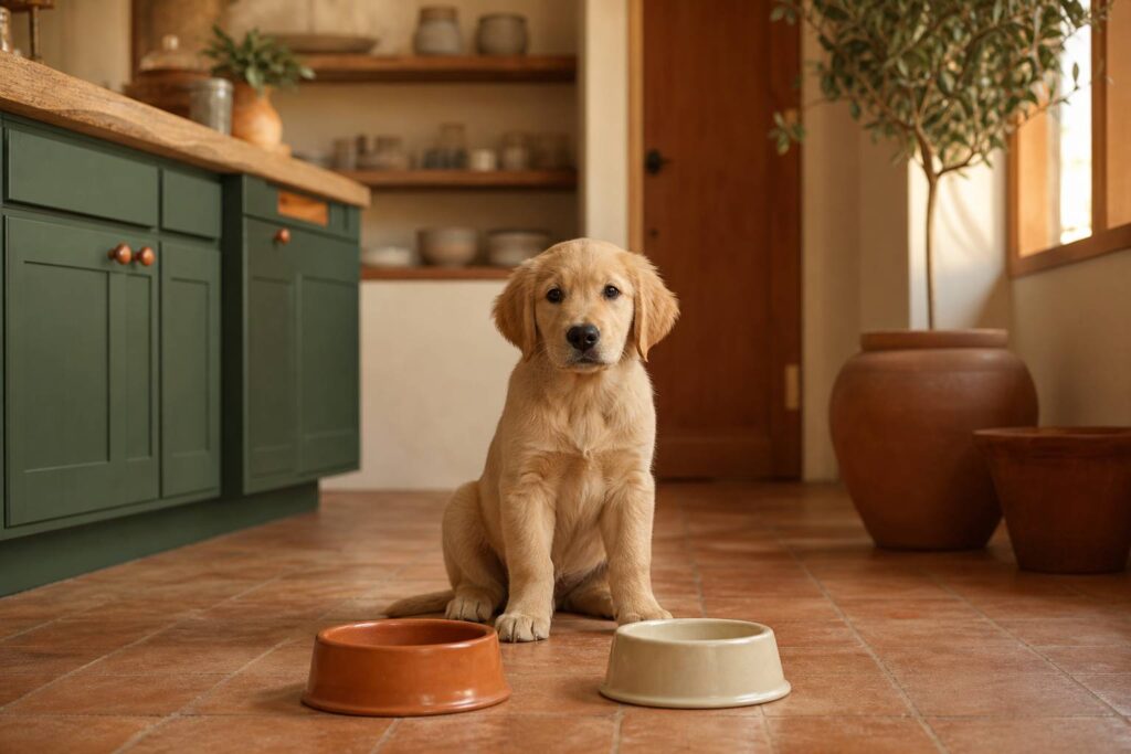 Chiot golden retriever devant ses gamelles dans une cuisine