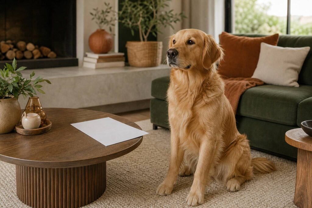 Golden retriever assis près de documents d'assurance dans un salon
