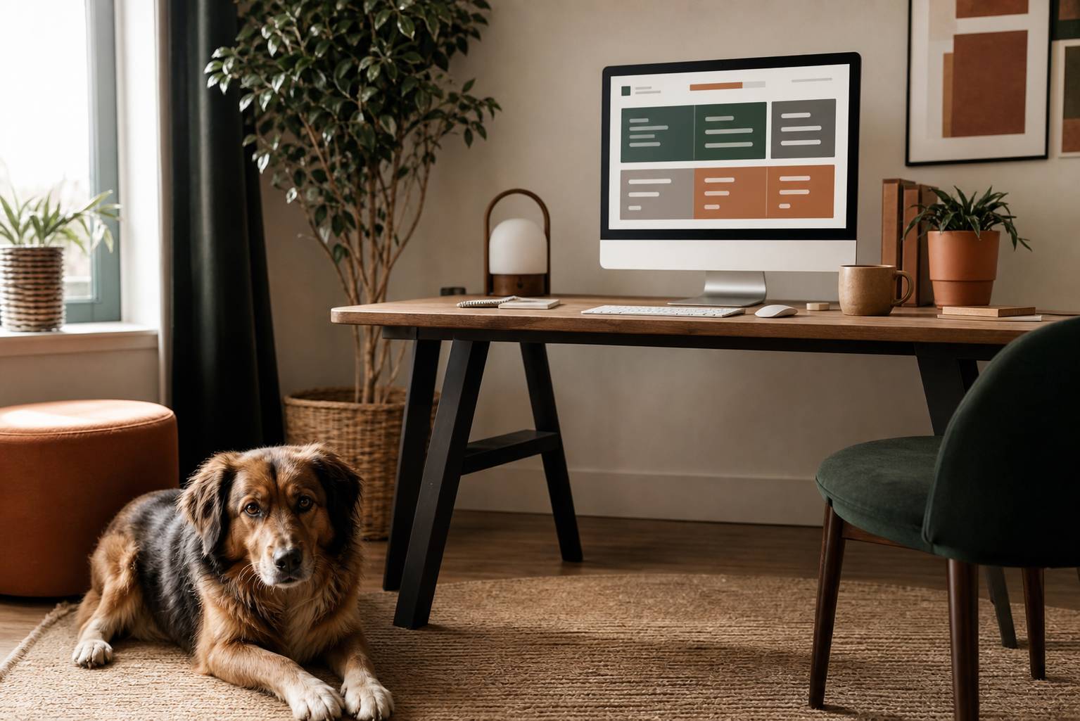 Chien couché dans un bureau avec comparateur d'assurance sur écran