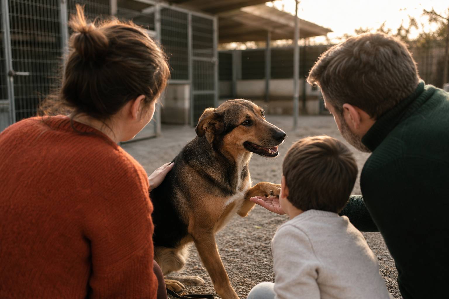 Famille rencontrant un chien au canile lors du processus d'adoption