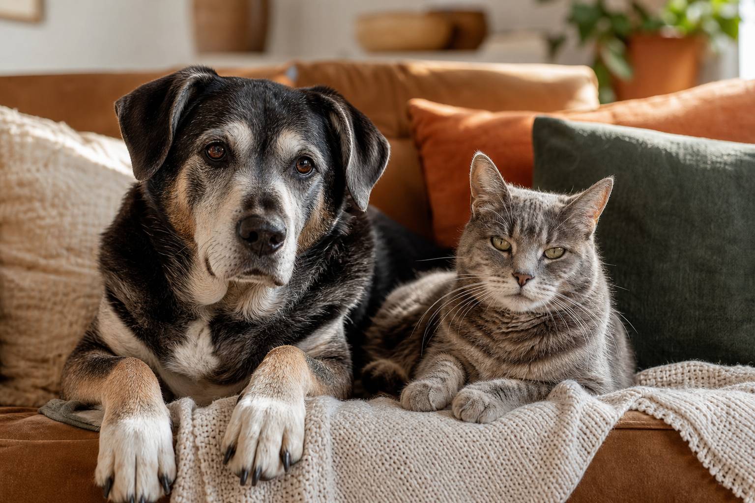 Chien et chat âgés adoptés relaxant sur un canapé dans un salon