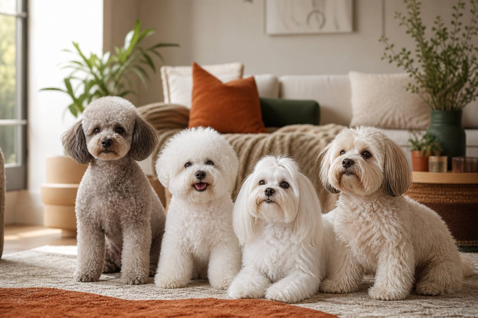 Caniche, bichon et maltais réunis dans un salon sans poils visibles