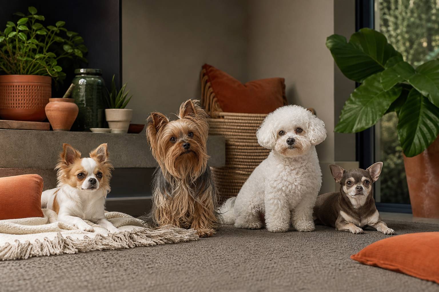 Petits chiens de races miniatures dans une maison avec jouets