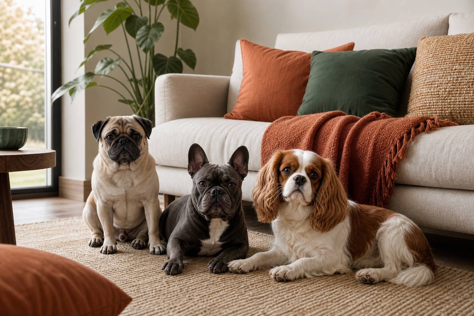 Petits chiens de races calmes réunis dans un appartement cosy
