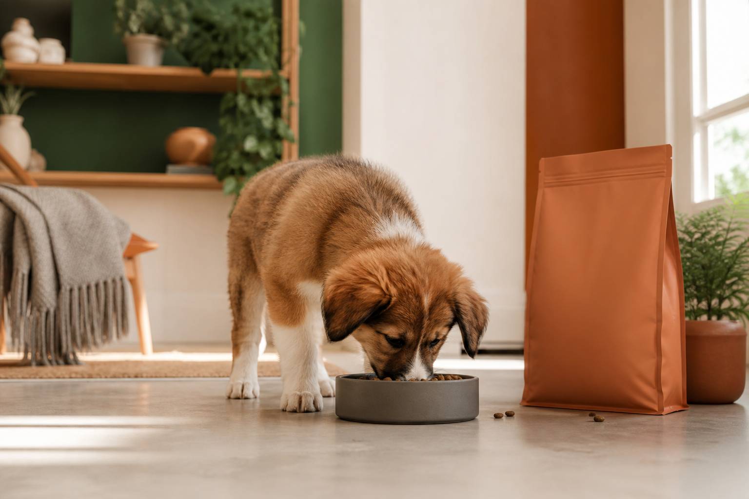 Petit chiot mangeant dans sa gamelle avec des croquettes à côté