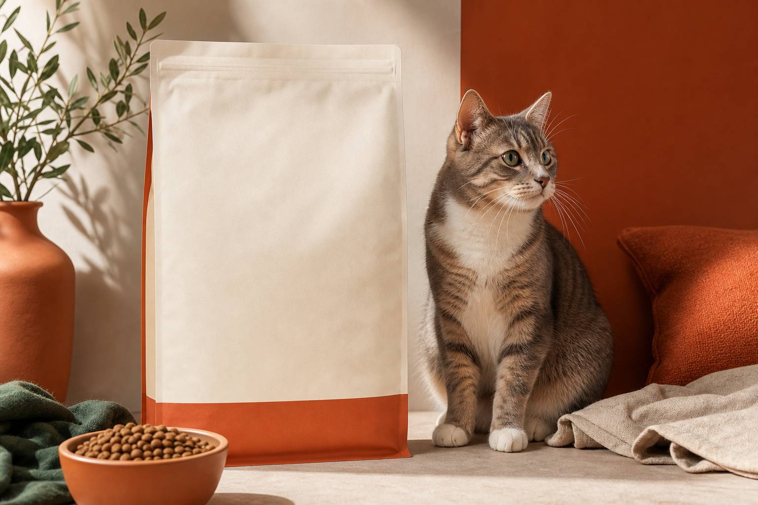 Étiquette de croquettes pour chat en composition éditoriale avec chat