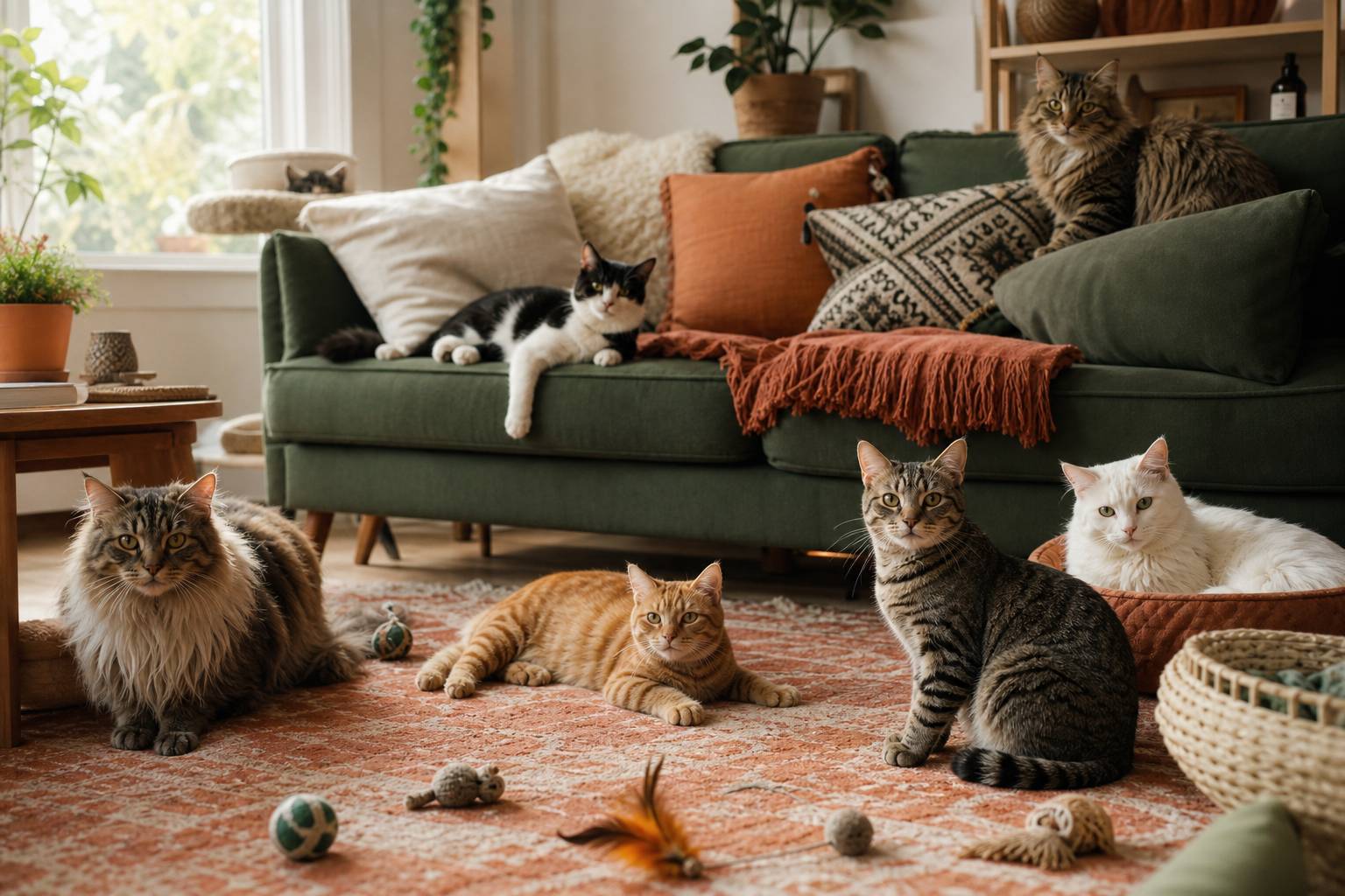 Chats de différentes races jouant dans un salon d'appartement cosy