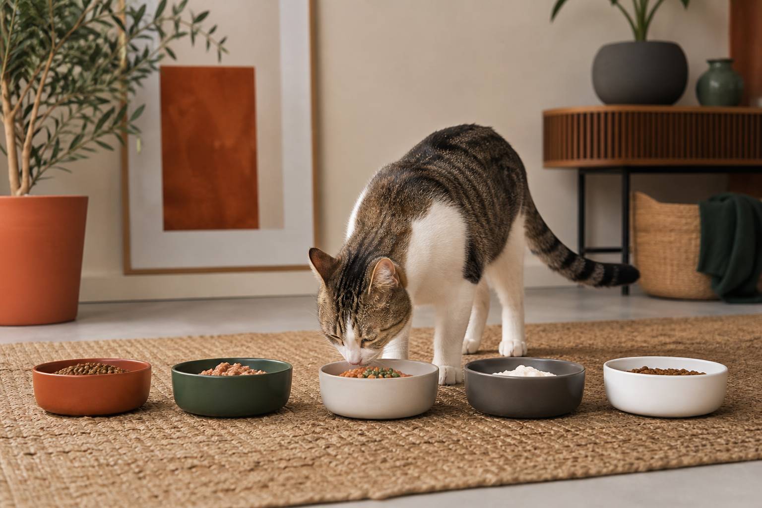Chat goûtant différents aliments humides et secs présentés dans des gamelles