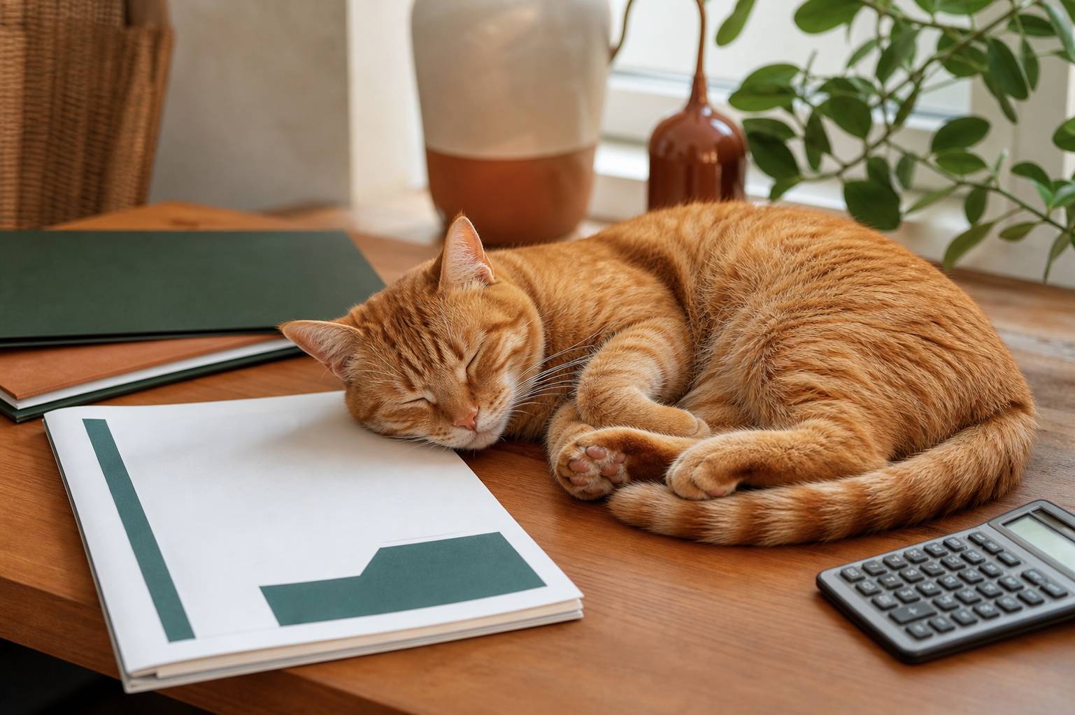Chat roux dormant avec des documents d'assurance et calculatrice
