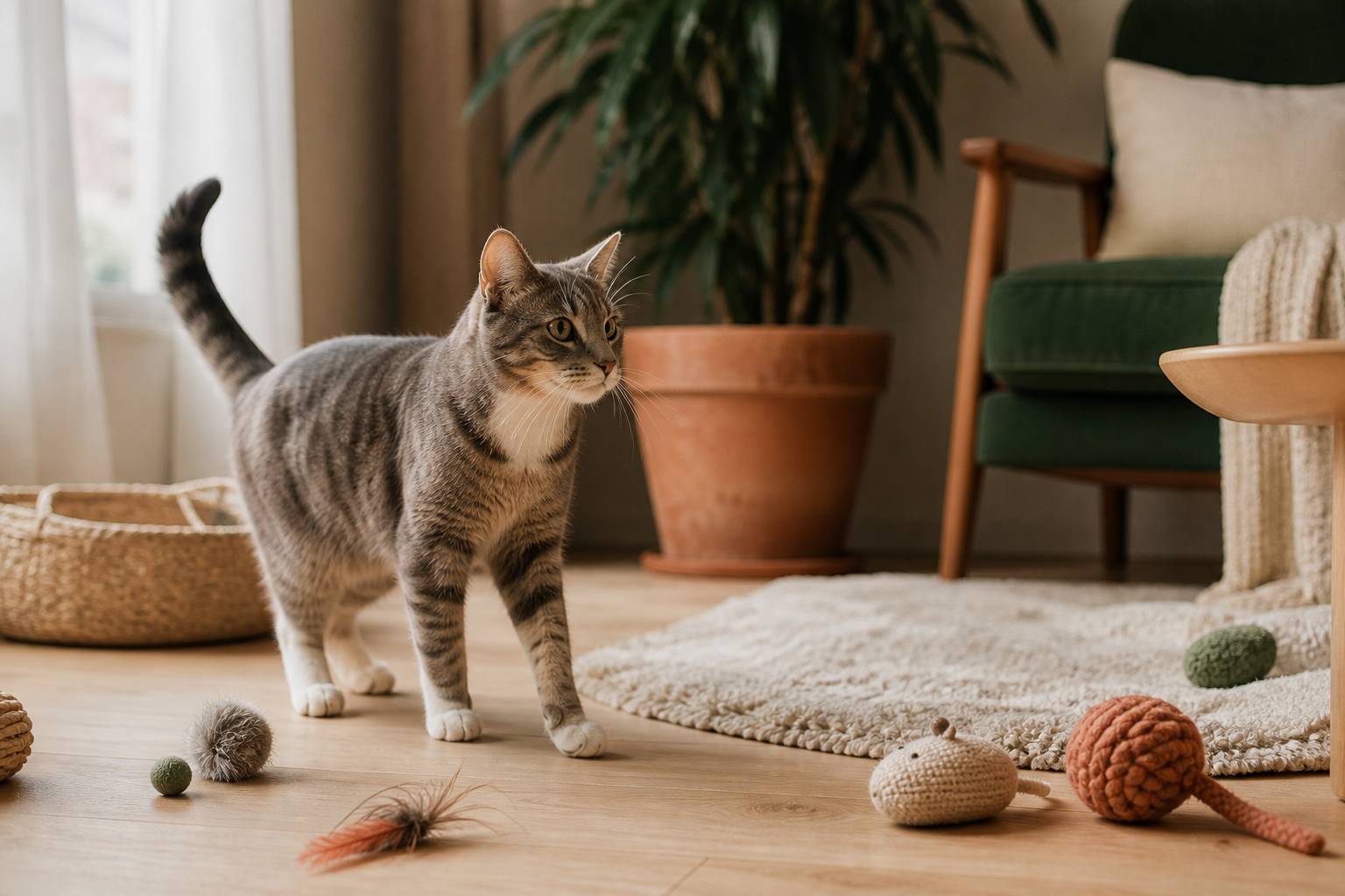 Chat curieux explorant une nouvelle maison avec des jouets au sol