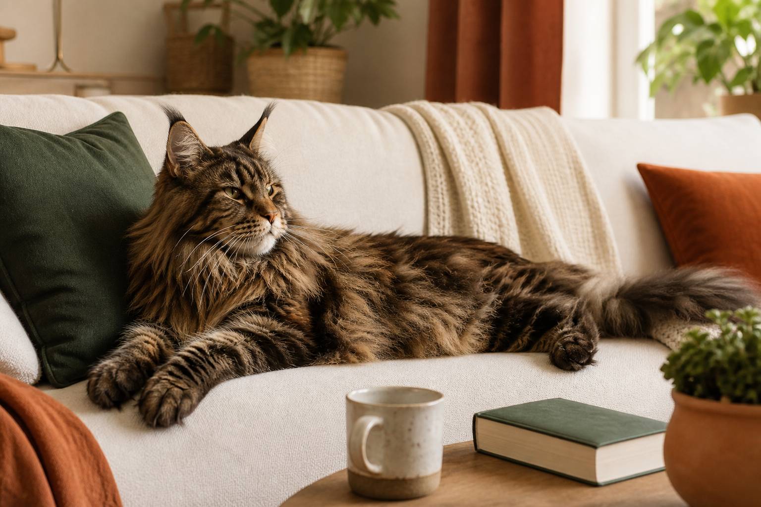 Grand Maine Coon allongé sur un canapé montrant sa taille impressionnante