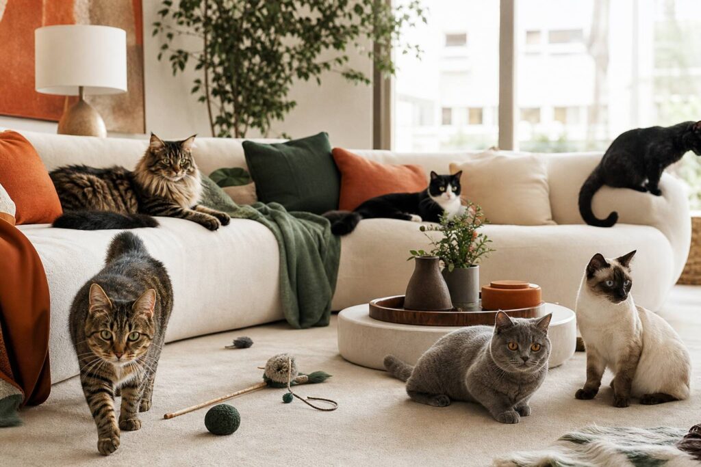 Plusieurs chats de races différentes dans un appartement lumineux