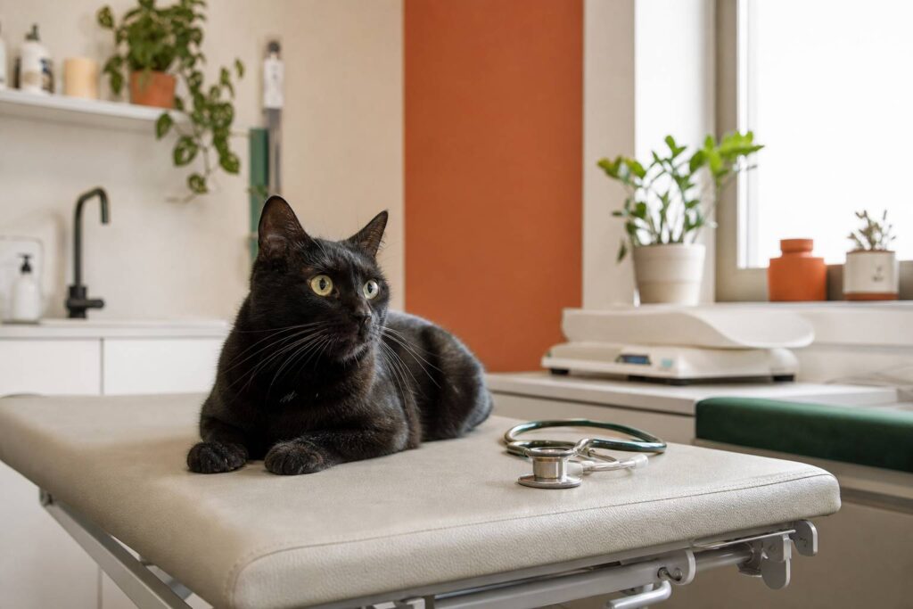 Chat noir sur une table d'examen vétérinaire dans un cabinet