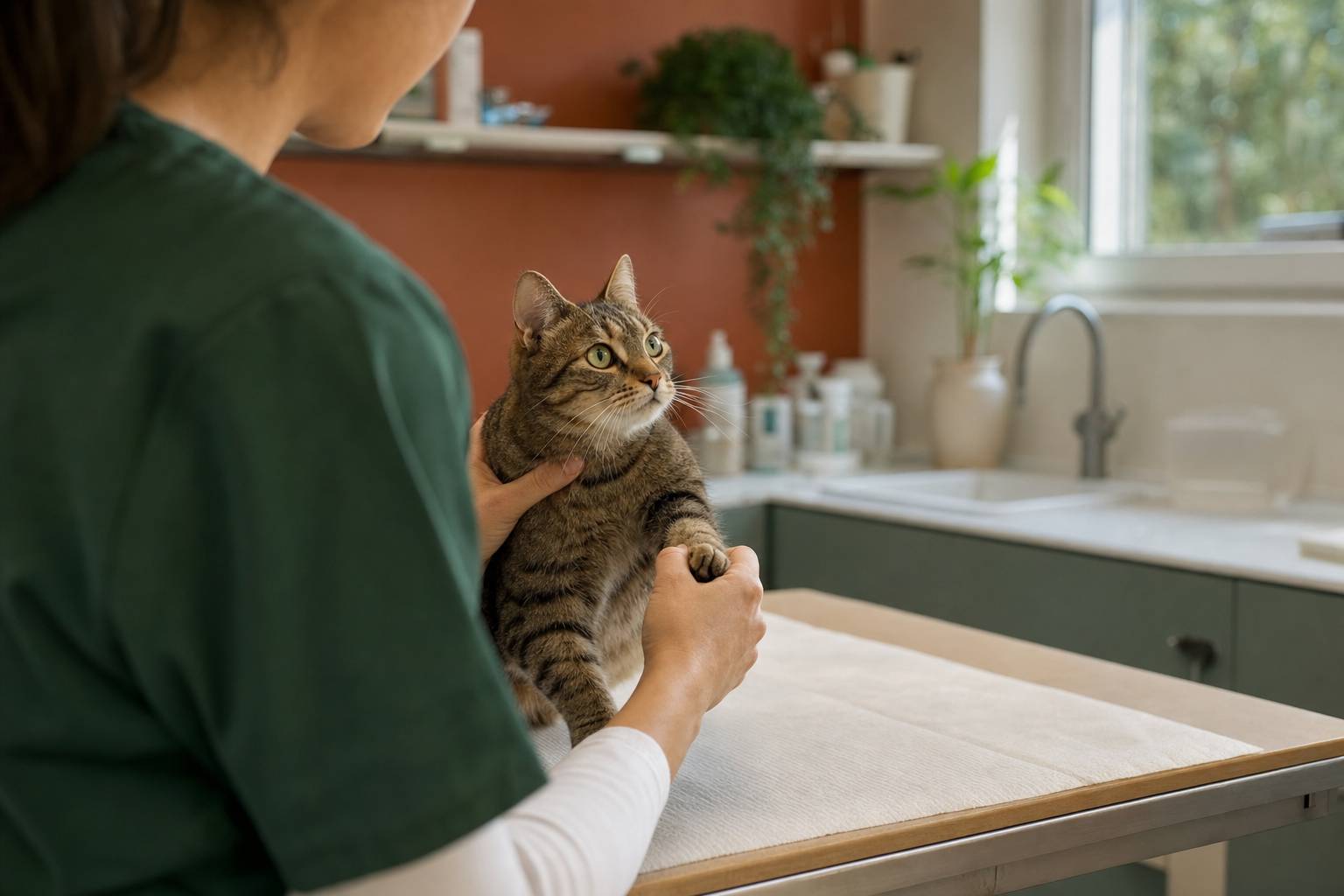 Vétérinaire examinant un chat dans un cabinet lumineux
