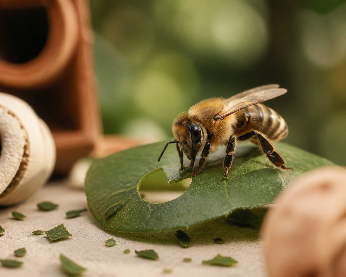 Abeille découpant un disque de feuille avec ses mandibules