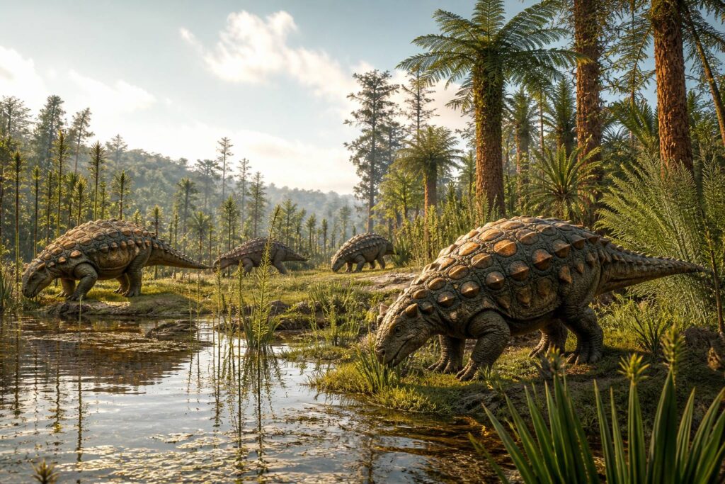 Reptiles cuirassés du Trias à la carapace couverte de plaques osseuses dans un marais préhistorique