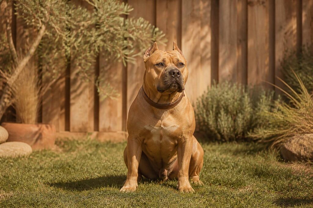 Chien American Bully au pelage fauve posant dans un jardin ensoleillé, ambiance chaleureuse