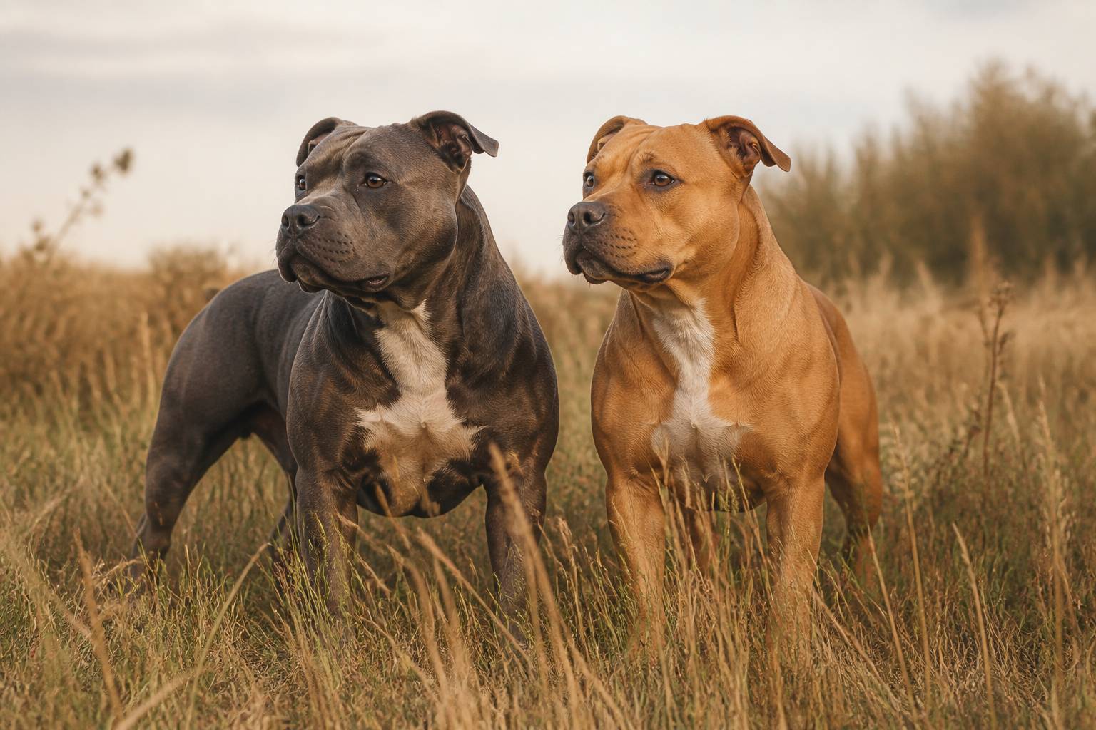 Portrait de deux chiens de type bull — l'un au pelage gris, l'autre fauve — côte à côte dans un pré