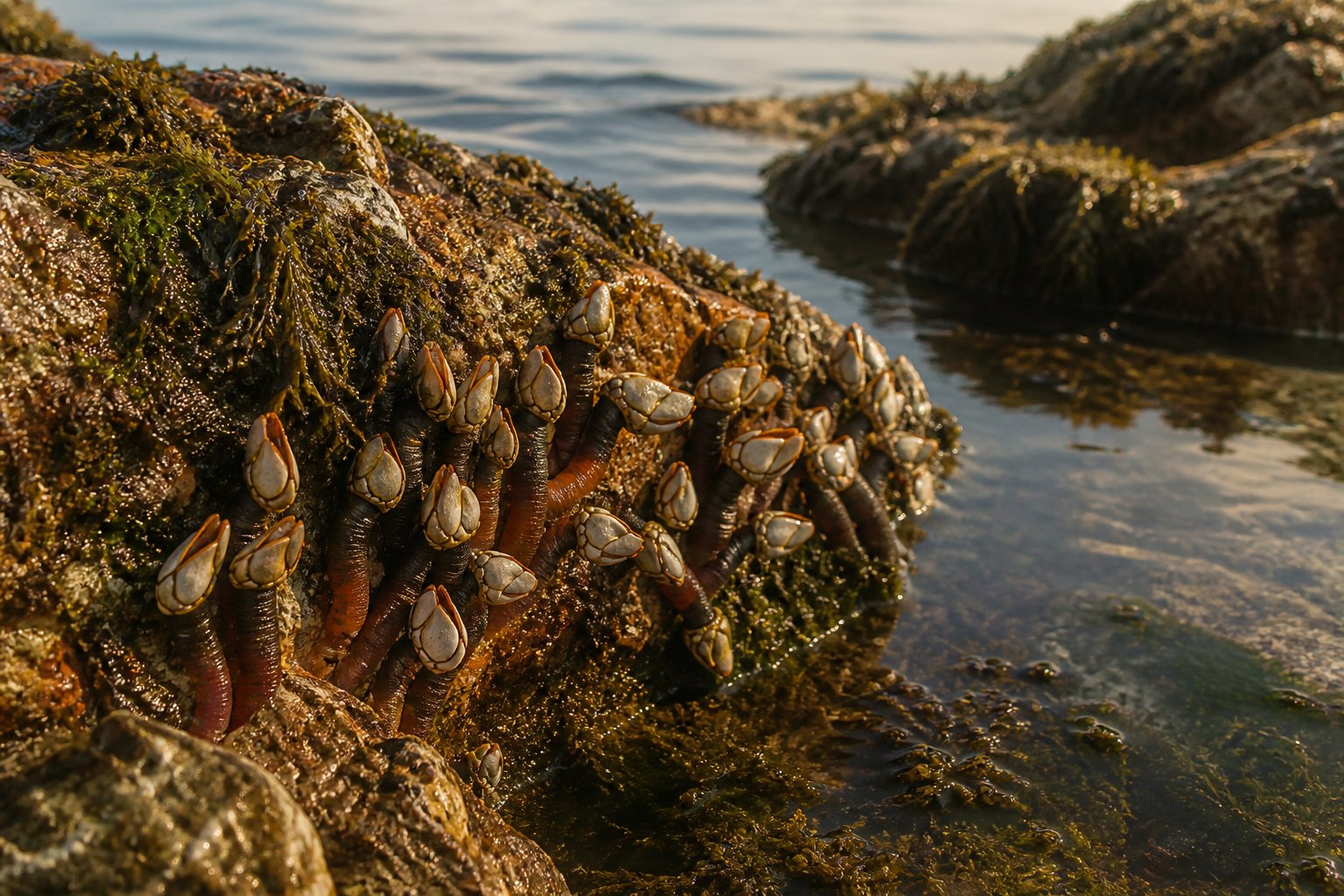 Balanes accrochées à un rocher de bord de mer découvert à marée basse