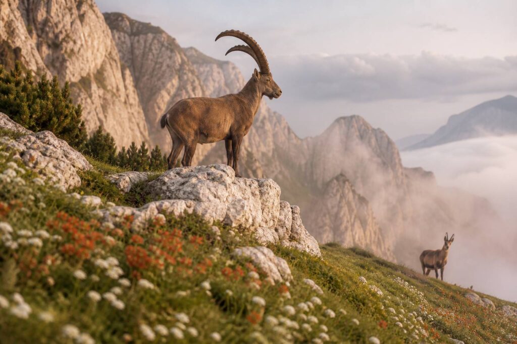 Bouquetin et chamois dans un alpage alpin au petit matin