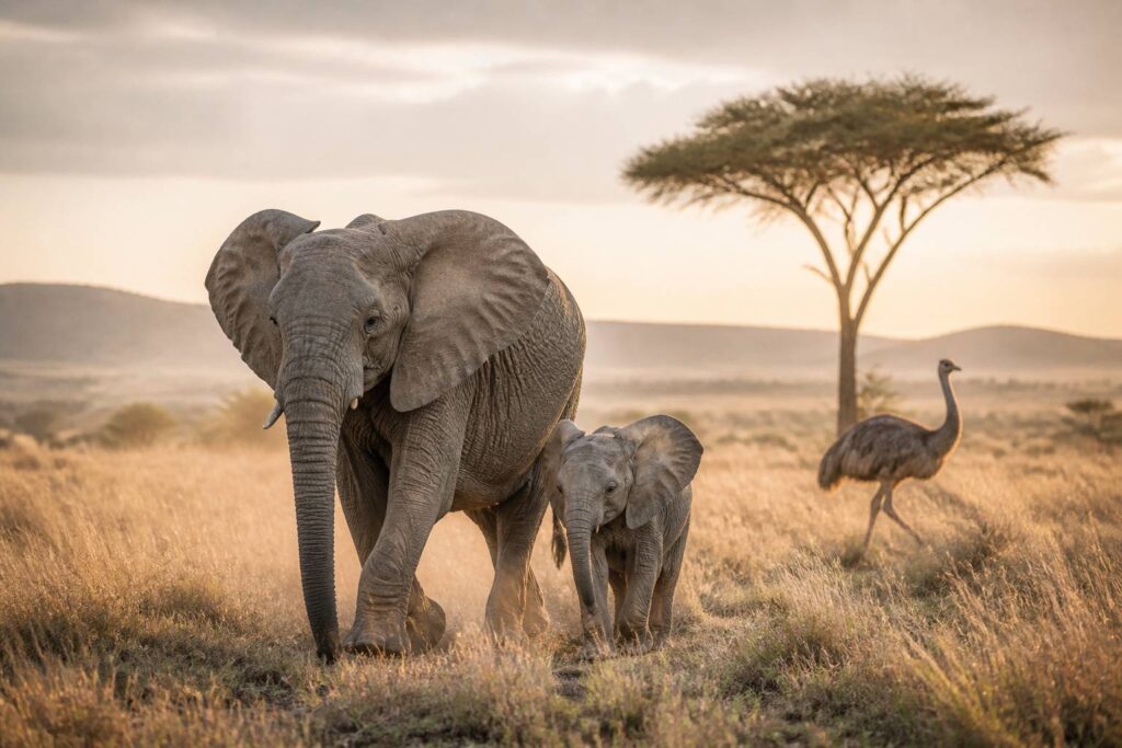 Éléphant d'Afrique et émeu dans une savane dorée au lever du jour