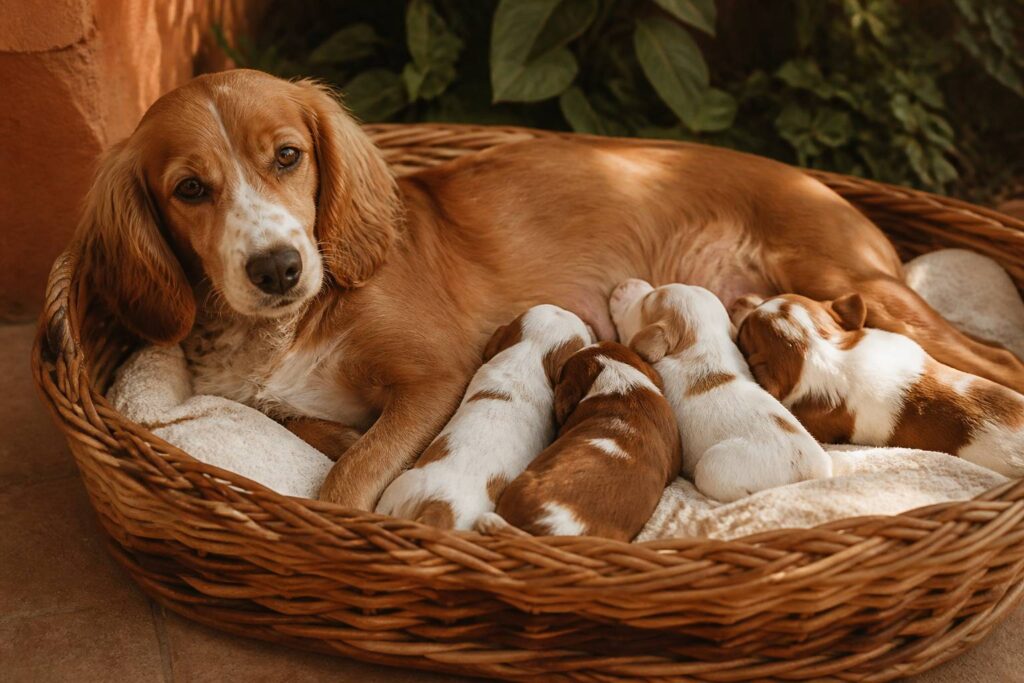 Chienne allaitant ses chiots dans un panier en osier