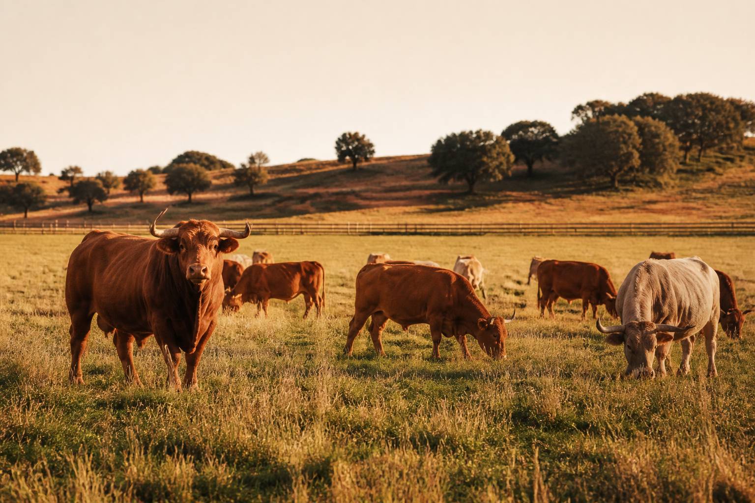 Bovins au pâturage avec un taureau et un bœuf dans un champ clôturé, ambiance champêtre paisible