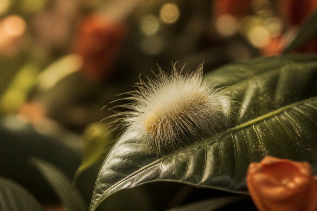Chenille tres velue posee sur une feuille verte dans un jardin