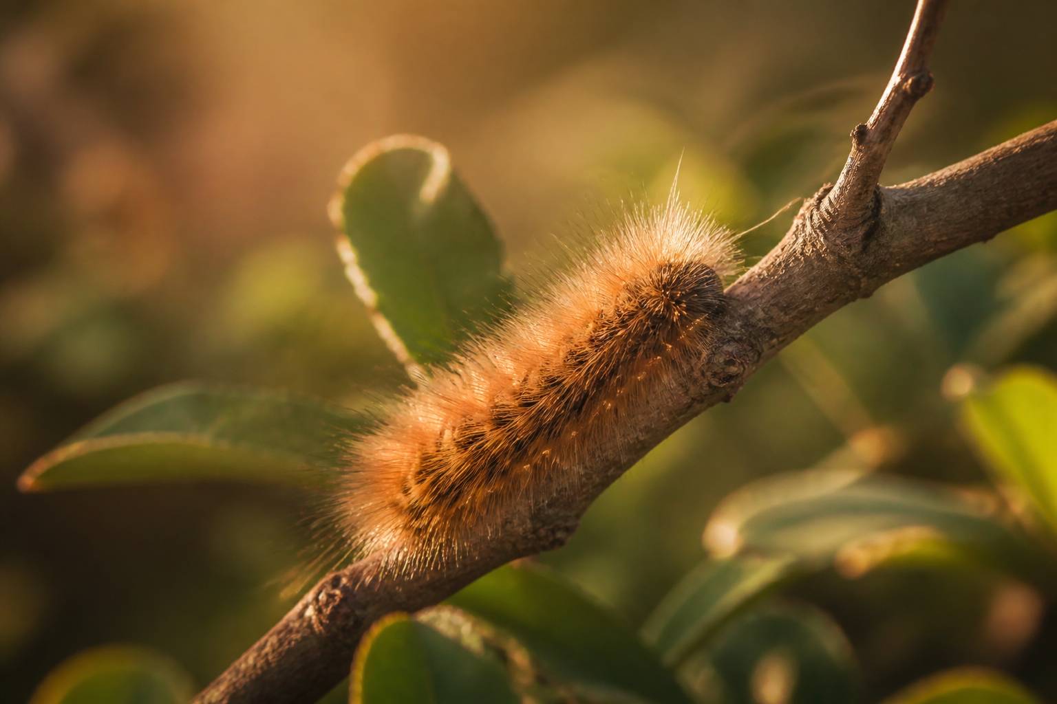 Gros plan d'une chenille velue sur une branche