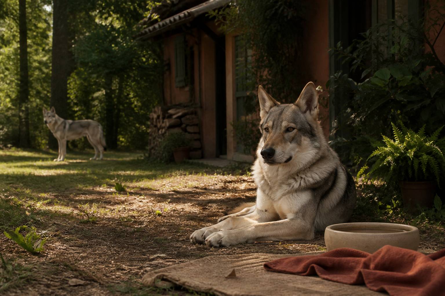 Chien loup couché dans un jardin ombragé près d'une maison de campagne