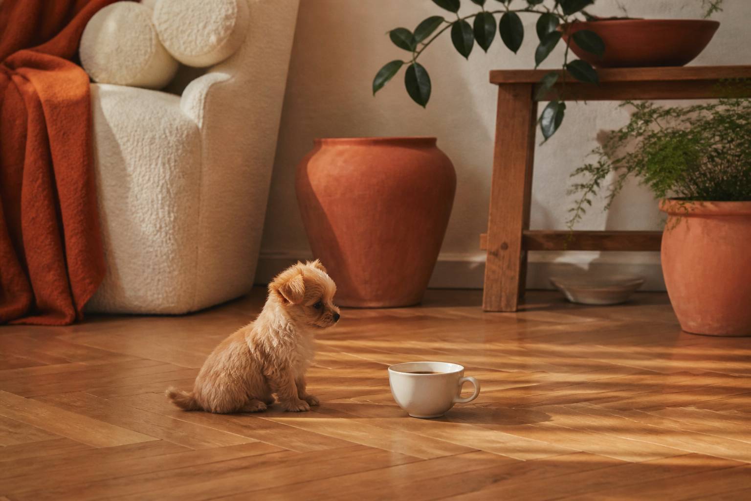 Cane minuscolo accanto a una tazza di caffè sul pavimento
