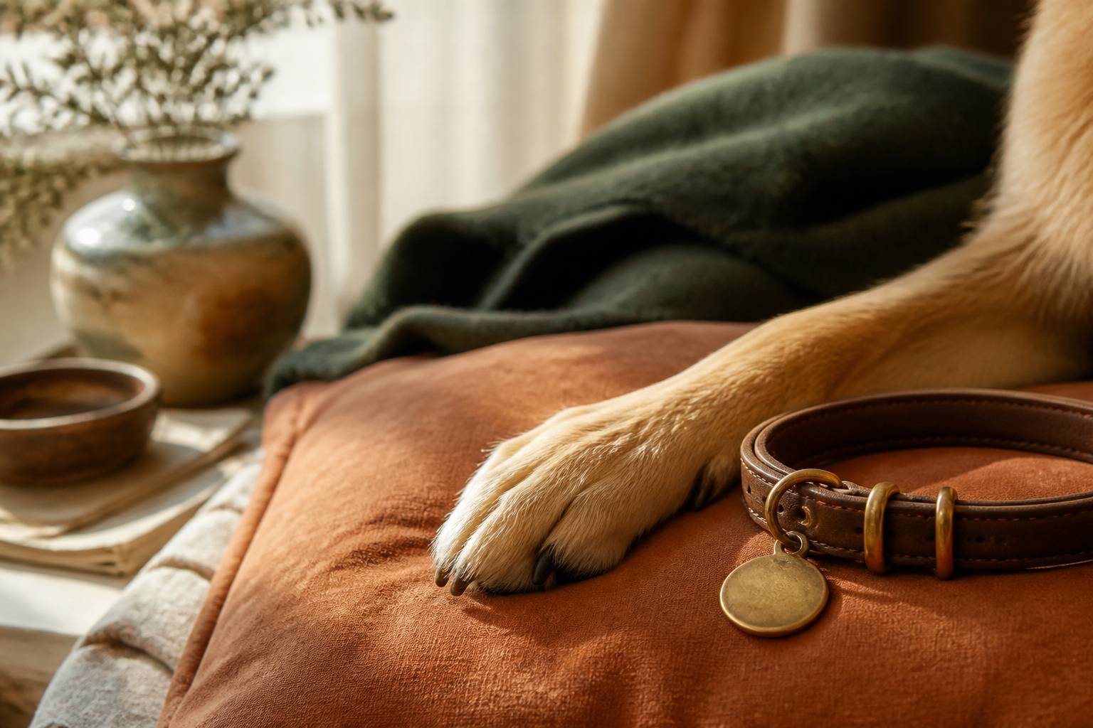 Patte de chien avec collier en cuir et médaillon sur un coussin moelleux