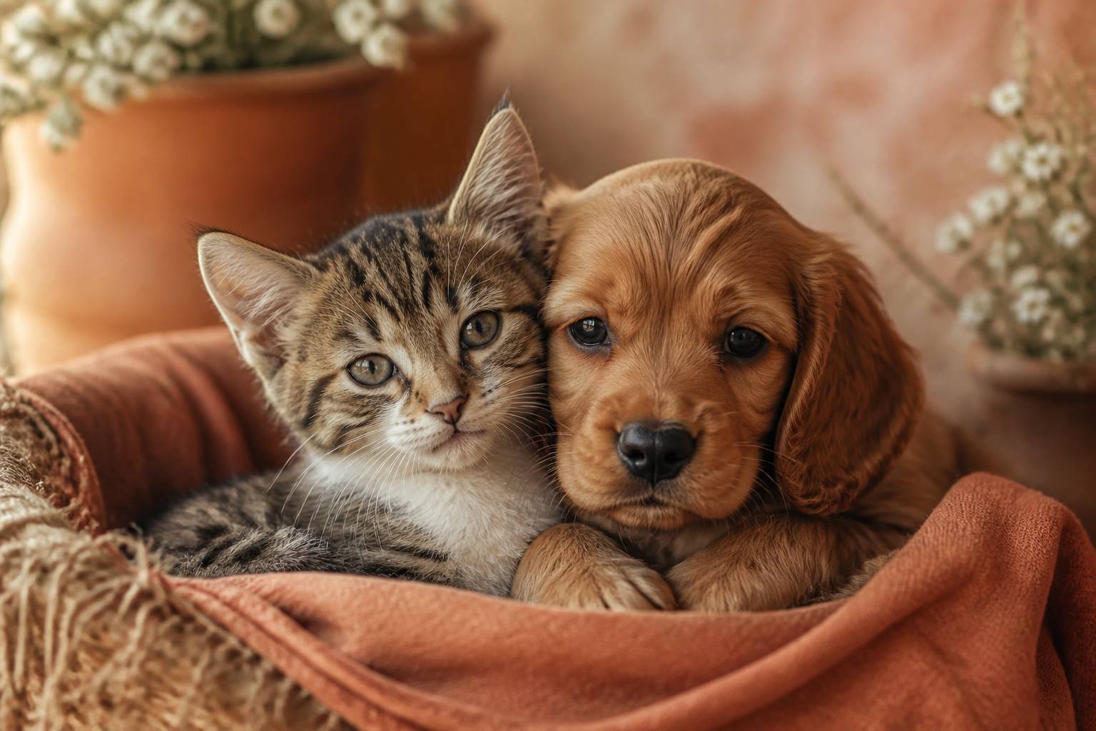 Chiot et chaton côte à côte dans un panier en tissu