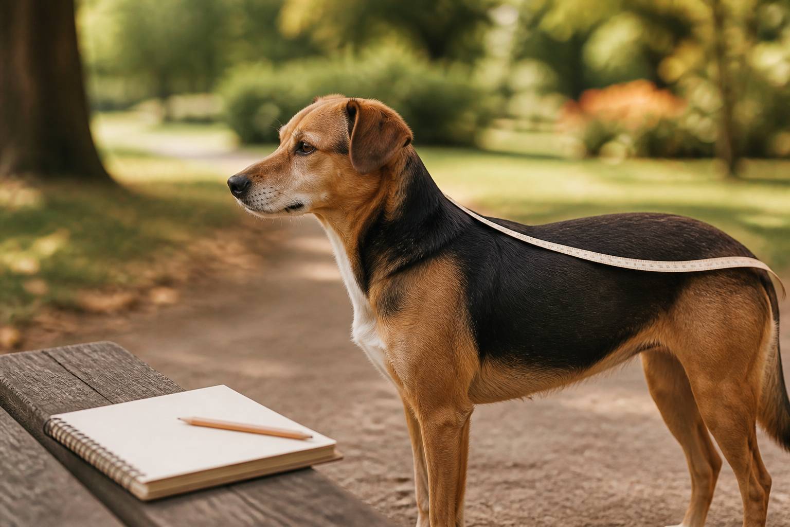 Ruban de mesure posé le long du dos d'un chien debout de profil