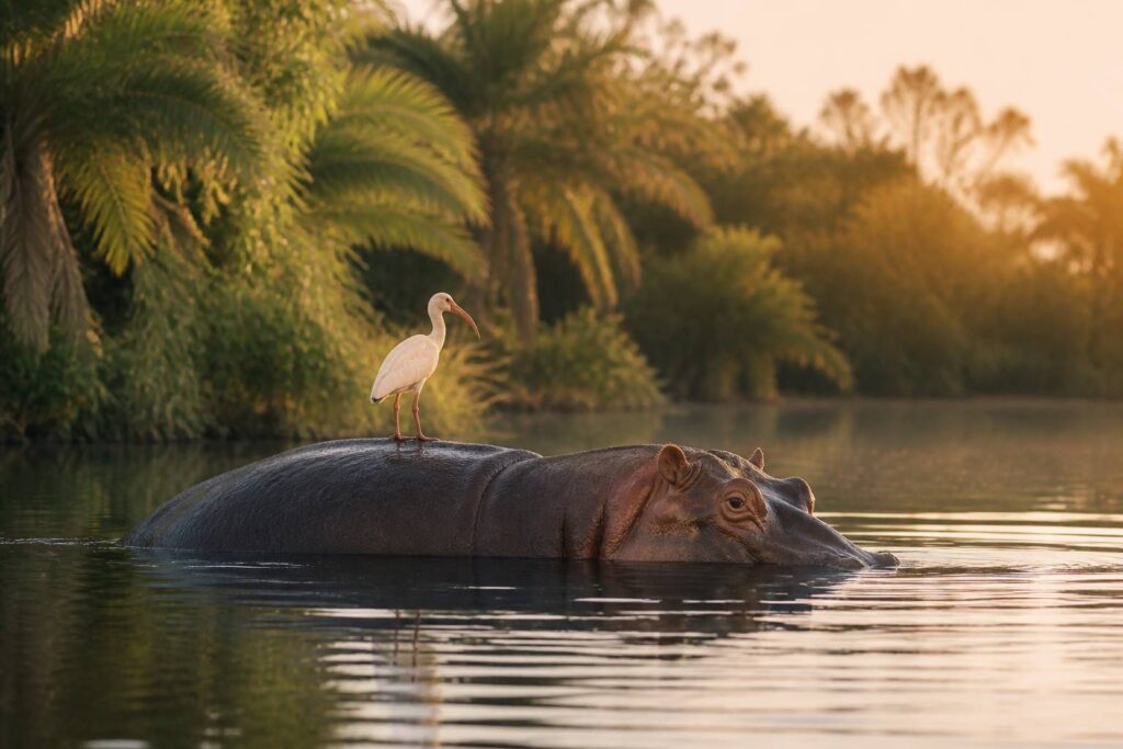 Hippopotame immergé dans une rivière avec un ibis sur le dos