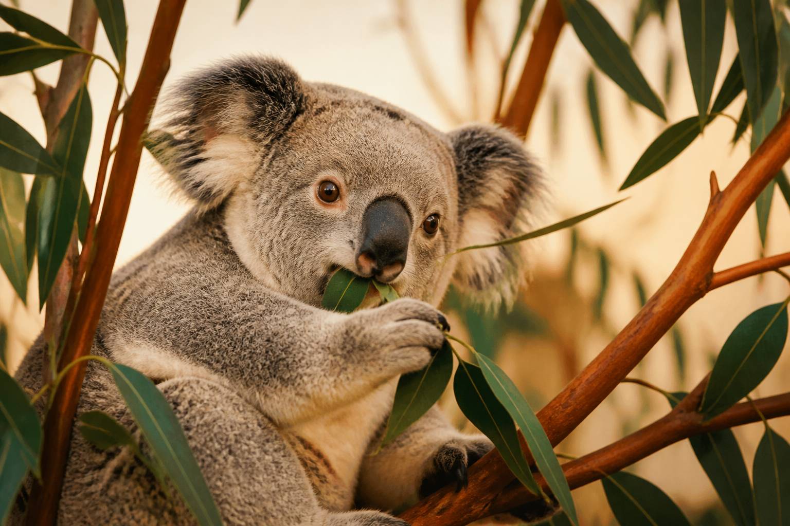 Koala grimpé dans un eucalyptus mâchant des feuilles