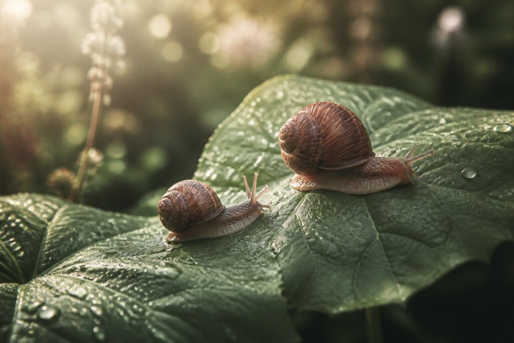 Deux escargots de jardin sur une feuille verte mouillée de rosée