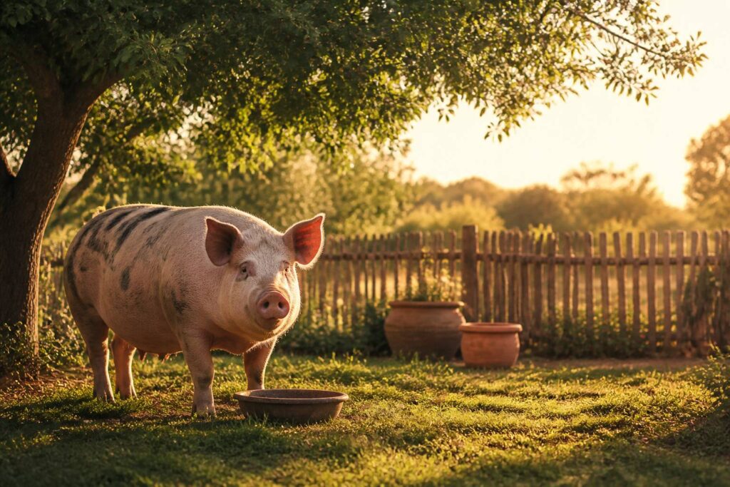 Cochon domestique rose dans un jardin ensoleillé avec une gamelle