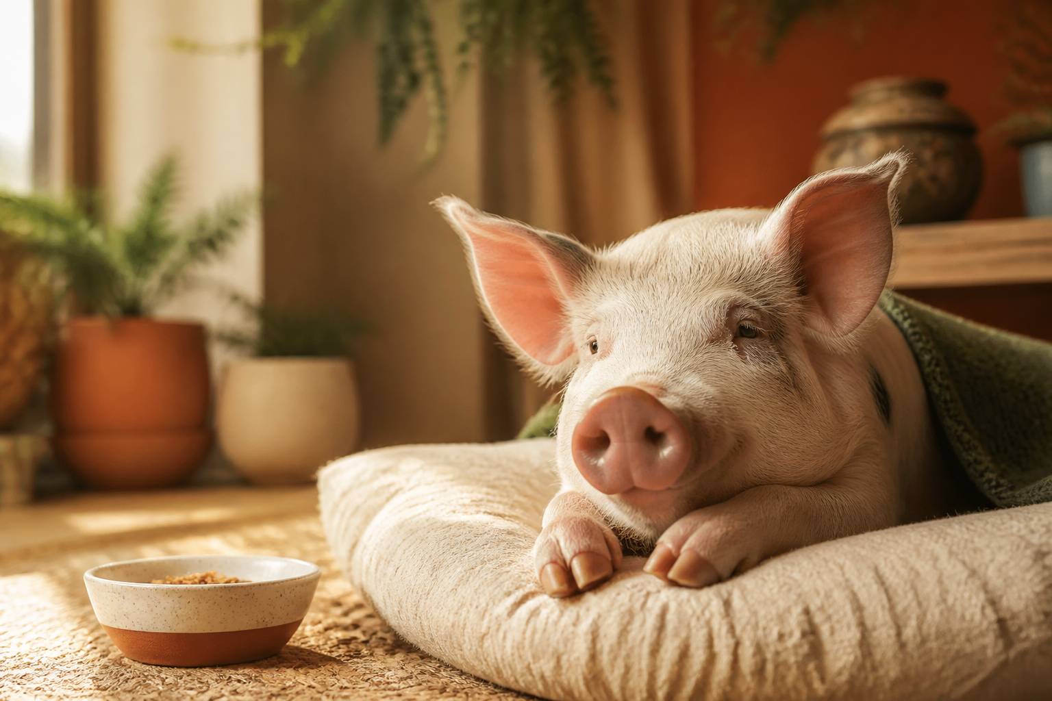Petit cochon domestique sur un coussin dans une pièce chaleureuse