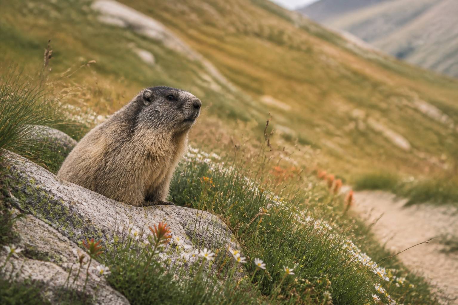 Marmotte assise sur un rocher au bord d'un sentier de montagne